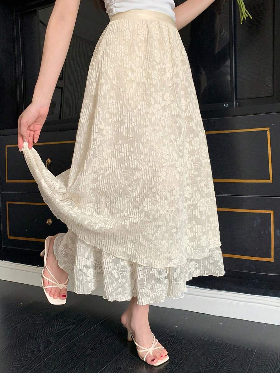 DAZY 宽松休闲度假风米色女式半身裙，春夏款 - 杏色 - 查看 1