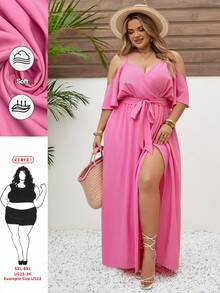SHEIN CURVE+ Curve 尺码 US22 音乐节、海滨度假、波西米亚风女士夏季休闲度假风纯色露肩高开衩腰带连衣裙 - 粉色 - 查看 1
