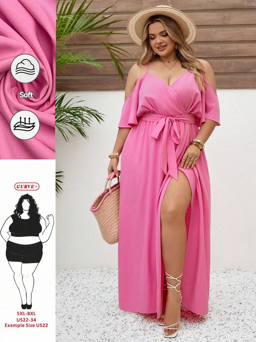 SHEIN CURVE+ Curve 尺码 US22 音乐节、海滨度假、波西米亚风女士夏季休闲度假风纯色露肩高开衩腰带连衣裙 - 粉色 - 查看 1