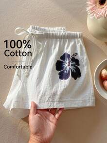 Comfortcana Quần short cotton dáng rộng, thoải mái, họa tiết hoa dâm bụt, có dây rút, thích hợp để phối cùng bikini đi biển mùa hè. - trắng - Xem 1