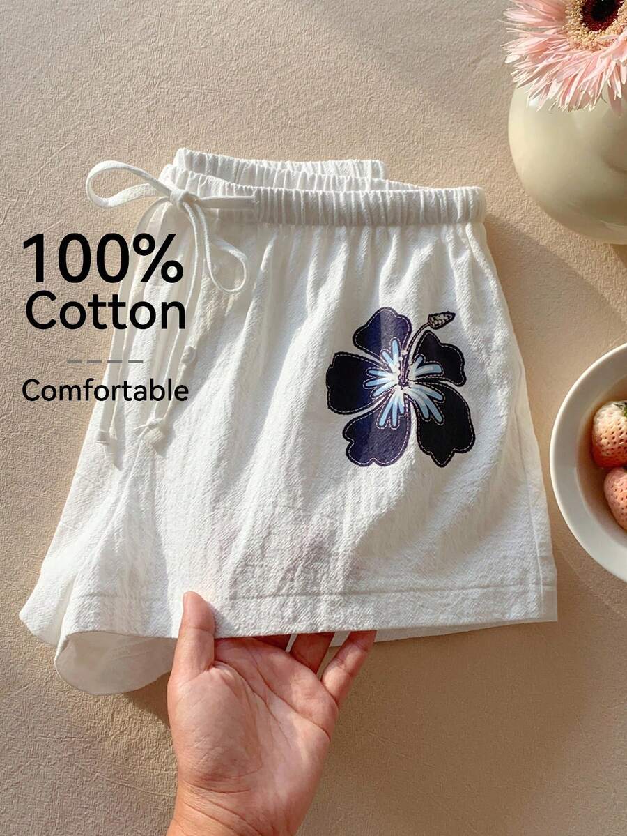Comfortcana Quần short cotton dáng rộng, thoải mái, họa tiết hoa dâm bụt, có dây rút, thích hợp để phối cùng bikini đi biển mùa hè. - trắng - Xem 1