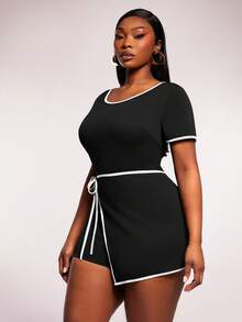 Radiana 大码女装春夏性感休闲黑色圆领短袖撞色滚边连体裤黑白套装，弹力修身连体裤，休闲商务装，适合日常、办公室、通勤等场合，曲线身材套装 - 黑與白 - 查看 6
