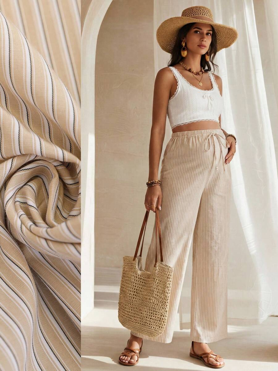 Pantalones casuales de rayas de cintura alta para maternidad - Albaricoque - Ver 1