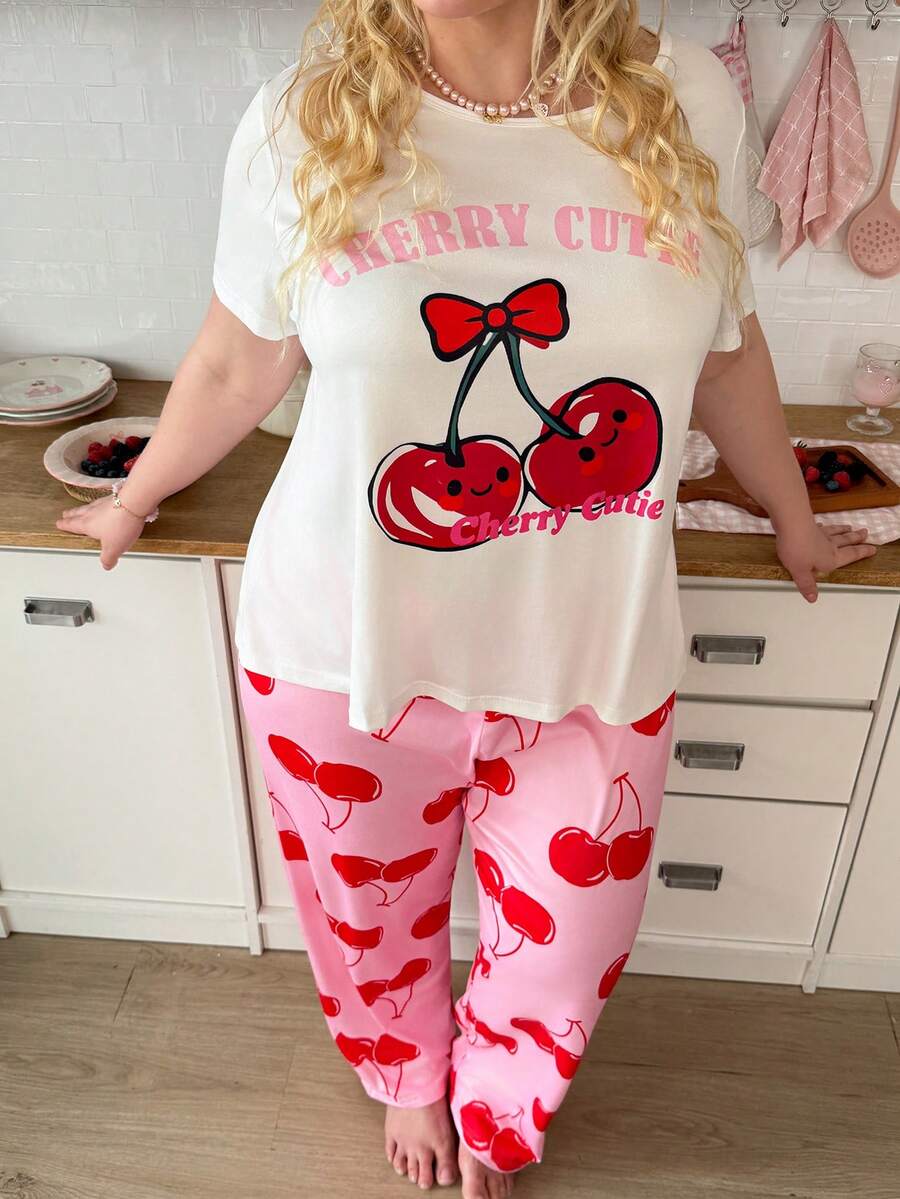 Slumberry CURVE Plus Size Women Cherry Print Colorblock Cute & Fun PJS PJS For Women Curve Pj Sets Plus Size Curve Pajamas Curve Pyjama Set Cherry Pajamas Plus Size - Multicolor - View 1