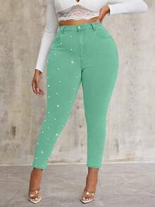 Slaydiva Plus Size Elastic Blue Denim Pants With Pearl Decor - Mint Green - View 5