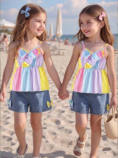 Souflis Souflis Bộ 2 món gồm áo hai dây và quần short denim kẻ sọc nhiều màu sắc cho bé gái, thích hợp cho mùa hè. Áo hai dây có thiết kế xếp ly ở phần ngực tạo hiệu ứng 3D, và họa tiết kẻ sọc nhiều màu sắc theo phong cách retro trông rất sống động. Quần short được trang trí bằng một chiếc nơ xinh xắn, ton sur ton với áo. Bộ trang phục tươi tắn và năng động này phù hợp cho mặc hàng ngày, đi công viên giải trí, các buổi tụ họp và các hoạt động của cha mẹ và con cái.