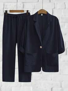 SHEIN Holidaya Conjunto de blazer y pantalones de estilo casual con sensación de lino - azul real - Ver 3