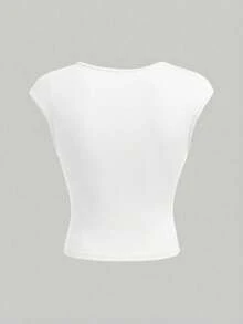 SHEIN 少女藏蓝色针织纯色褶皱胸部甜美可爱披肩T恤，返校装，可爱，假日家庭户外春季野餐日常穿着，适合各种场合 - 白色 - 查看 2