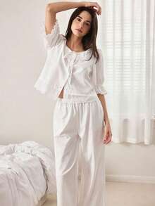 Ocili 女士纯色圆领荷叶边短袖休闲家居服套装，夏季 - 白色 - 查看 3
