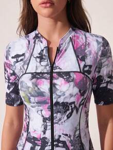 SHEIN Sports 女士户外运动骑行服，吸湿排汗，扎染数码印花，立领，修身剪裁，后置手机口袋，硅胶防滑下摆 - 彩色 - 查看 6