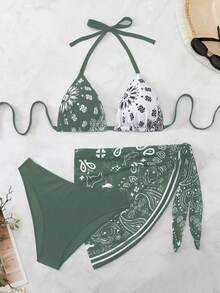 Swim Vcay Plus Size Women 3pcs Halter Backless Printed Bikini Set With Mesh Short Apron, Vacation Swimwear - Multicolor - View 1