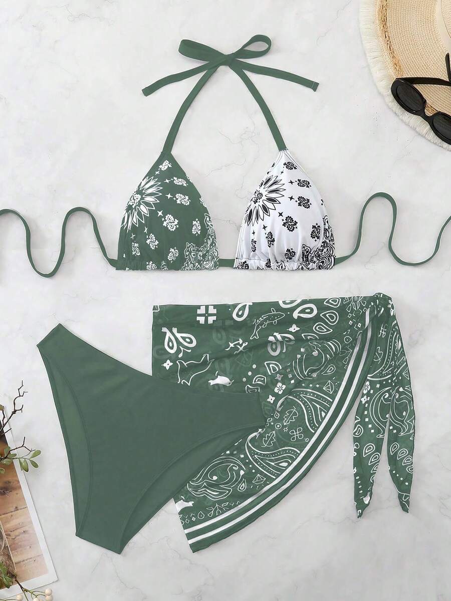 Swim Vcay Plus Size Women 3pcs Halter Backless Printed Bikini Set With Mesh Short Apron, Vacation Swimwear - Multicolor - View 1