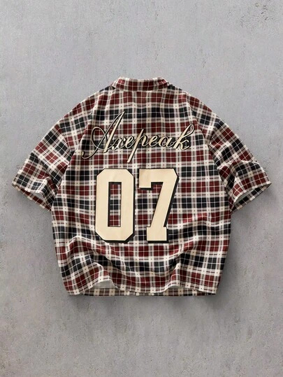 EASEVO Plus Size Men's Digital & Plaid Print Button-Front Short Sleeve Shirt