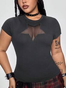 ROMWE Grunge Punk Plus Size Y2K Punk Five-Pointed Star Hollow Design Sexy Fitted Solid Color Versatile T-Shirt - Grey - View 6