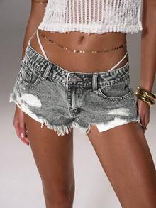 TRNVIE Plain Color Frayed Waist Belt Loop Ripped Denim Shorts, Summer - Light Grey - View 6
