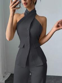 Conjunto de 2 piezas elegante con top sin mangas de cuello halter y pantalones largos de unicolor para mujer - Gris Oscuro - Ver 7