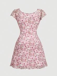 SHEIN MOD Damen Große Größen Vintage Blumenmuster Kleid mit Knoten und Raffung, Blush Rosa, Sommer, Kurven, Formell, Party, Hochzeitsgast Tee Party Cottagecore Milchmädchen Kleid - Verschiedenfarbig - Übersicht 3