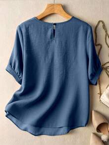 Franclia 2026 New Summer Women's Shirt, Orange Color Block Petal Sleeve Loose Casual Blouse, Lace Trim Dye Splice Holiday Vacation Lazy Style Round Neck Short Sleeve Shirt - Blue - View 2