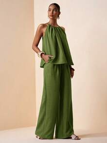 Zivah Women 2-Piece Outfit,Olive Green Summer Elegant Holiday Vacation Halter Neck Ruched Loose Top & Wide Leg Pants Set With Pockets,Bamboo Texture Fabric - Army Green - View 4