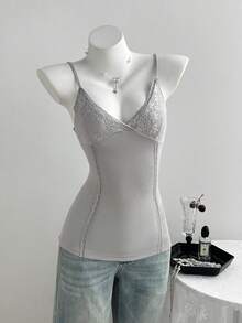 Top de punto de mujer con parches de encaje y costillas de alta elasticidad - Gris Claro - Ver 5