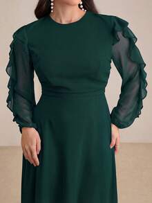 Modelyn Long Round Neck Ruffle Sleeve Black Dress - Dark Green - View 5