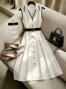 GlowEve Women's Spring/Summer Black And White Sleeveless Collared Contrast Stripe Waist Flared Dress, Suitable For Work Brunch Commute, Minimalist Elegant - Black and White - View 1