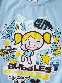 THE POWERPUFF GIRLS X SHEIN Áo thun ngắn tay dáng rộng in chữ hoạt hình dễ thương, thích hợp mặc đi nghỉ mát và đi làm, dành cho bé gái tuổi teen, mùa hè. - Màu xanh nhạt - Xem 4