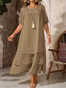 EMERY ROSE Plus Size Casual Dress,White Khaki Round Neck Asymmetrical Flowy Hem,Bohemian Tropical Summer Style,Tea Party Beach Vacation Outfits For Women - Camel - View 5