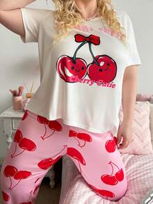 Slumberry CURVE Plus Size Women Cherry Print Colorblock Cute & Fun PJS PJS For Women Curve Pj Sets Plus Size Curve Pajamas Curve Pyjama Set Cherry Pajamas Plus Size - Multicolor - View 5