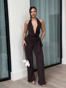 LHSEPT 夏季海滩度假紧身性感深 V 结假日连体裤，适合日常约会、夜间外出、夜总会、派对、聚会、鸡尾酒会、泳池派对、开学季服装、学校季、假日服装、音乐节服装、乡村音乐节服装、音乐会服装 - 棕色 - 查看 1