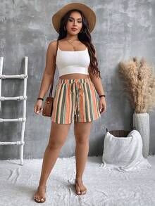 SHEIN VCAY 大码秋季法式老钱风彩色条纹教师短裤 - 彩色 - 查看 4