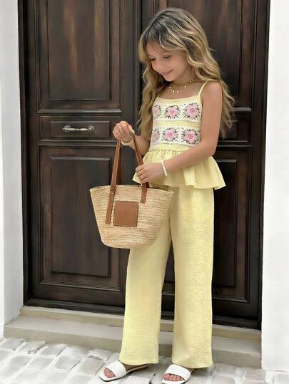 SHEIN Vintaside Kids 2pcs/Set Girls Casual Fashionable Vacation Sleeveless Cropped Floral Crochet Lace Trim Tank Top And Elastic Waist Loose Textured Fabric Long Pants Set Kids Two Piece Set Zoey Outfit Yellow Top Kids Youth Girl Clothes Yellow Outfits Girls