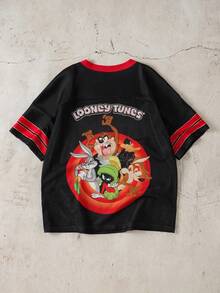 LOONEY TUNES X SHEIN Tween Boy Casual Cartoon Print V-Neck Short Sleeve T-Shirt, Summer - Black - View 2