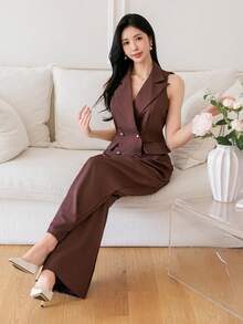 DAZY Women's Summer Casual Solid Color Faux Pocket Vest And Wide Leg Pants 2 Pieces Set - Brown - View 4