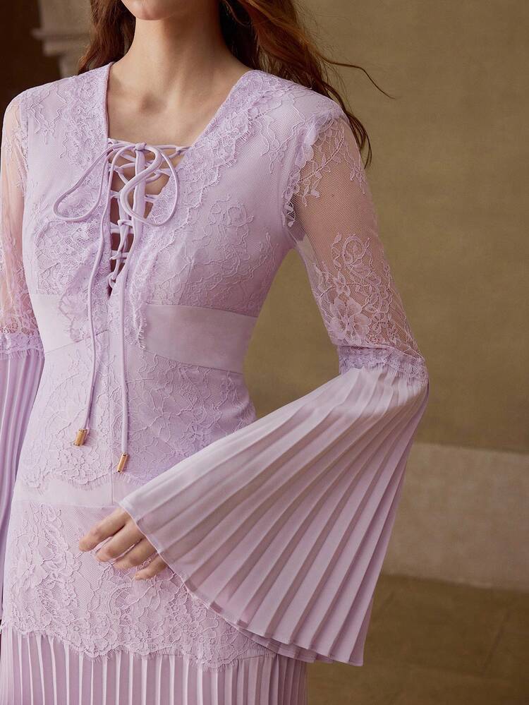 WOMEN'S CONTRAST LACE PLEATED SLIM FIT DRESS, SPRING/SUMMER
