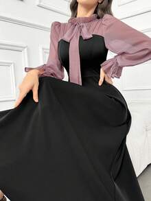 Modelyn 女士优雅荷叶边饰色块系腰连衣裙，配有荷叶边袖口长款晚礼服 - 粉色 - 查看 8