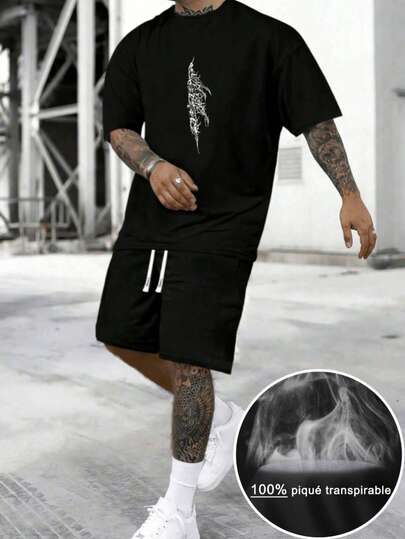 Hombre002ZDy007 Conjunto deportivo de manga corta, envío desde México, caballero, negro, pantalón corto transpirable