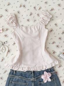 Blusa casual con pliegues en el pecho y volantes a rayas para niñas preadolescentes - Caqui - Ver 2