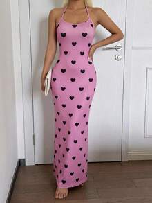 Livesso Women's Sexy Full Heart Print Backless Tie Strap Fitted Camisole Nightgown, Summer Pajamas - Pink - View 3