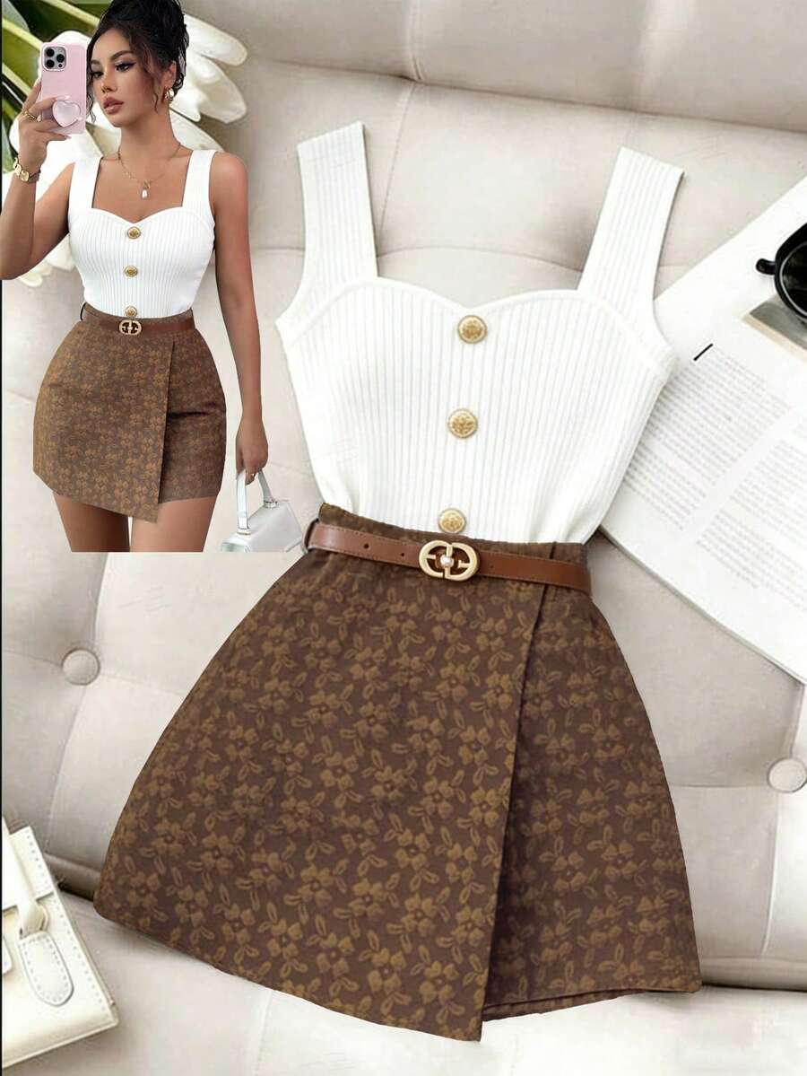 GlowEve Quần váy suông màu trơn thanh lịch Jacquard họa tiết cho ngày lễ tình nhân - màu nâu - Xem 1