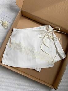 Comfortcana Pantalones cortos de verano con envoltorio de encaje de unicolor y lazo para mujer - Albaricoque - Ver 1