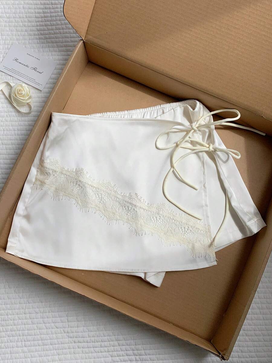 Comfortcana Pantalones cortos de verano con envoltorio de encaje de unicolor y lazo para mujer - Albaricoque - Ver 1