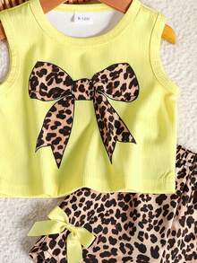 SHEIN Baby Girl Summer Apricot Leopard Print Set, Textured Sleeveless Top And Leopard Print Shorts With Apricot Bow Accent, Essential Daily Outfit - Multicolor - View 3