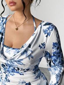 Elenzga Plus Size Women's New Ruffle Collar Short Bodycon Dress, Ditsy Floral With Tie Waist, Yellow & White - Blue - View 4
