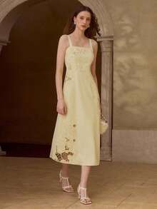 MOTF PREMIUM Đầm midi thanh lịch thêu rỗng đính đá lấp lánh - Màu vàng - Xem 6