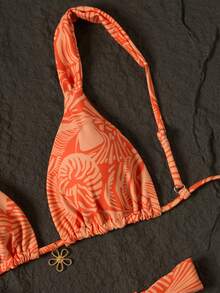 Swim Mod Women's Orange Floral Print Thick Strap Triangle Cup Bikini Two Pieces Swimwear, Beach Vacation - Orange - View 4