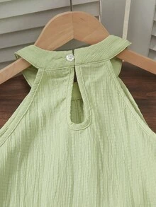 Sparklyn Bộ đồ đi biển cơ bản cho bé gái: Áo yếm và quần lửng ống rộng họa tiết hoa dệt kim, 2 món. - màu xanh lá - Xem 5