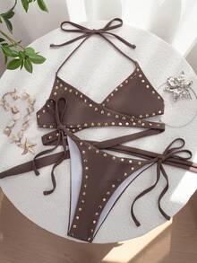 Swim Vcay Conjunto de bikini con top halter acolchado y unicolor para mujeres, primavera/verano - Marrón - Ver 5