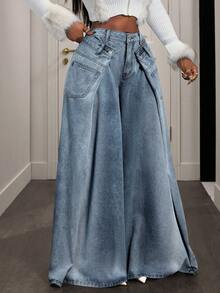 Women's Contrast Color 2 In 1 Pocket Casual Wide Leg Jeans - Light Wash - View 5