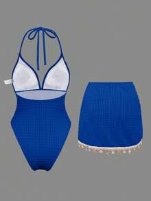 Swim Oasis Top de bikini de unicolor con triángulo y correa de cadena de concha para mujer, traje de baño de una pieza; Traje de baño de dos piezas para mujer con cintura con cordón y decora - azul real - Ver 4